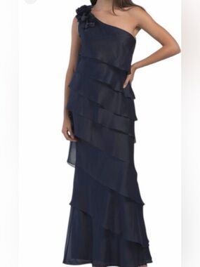 Xscape One-Shoulder Navy Floral Appliqué Tiered Evening Gown